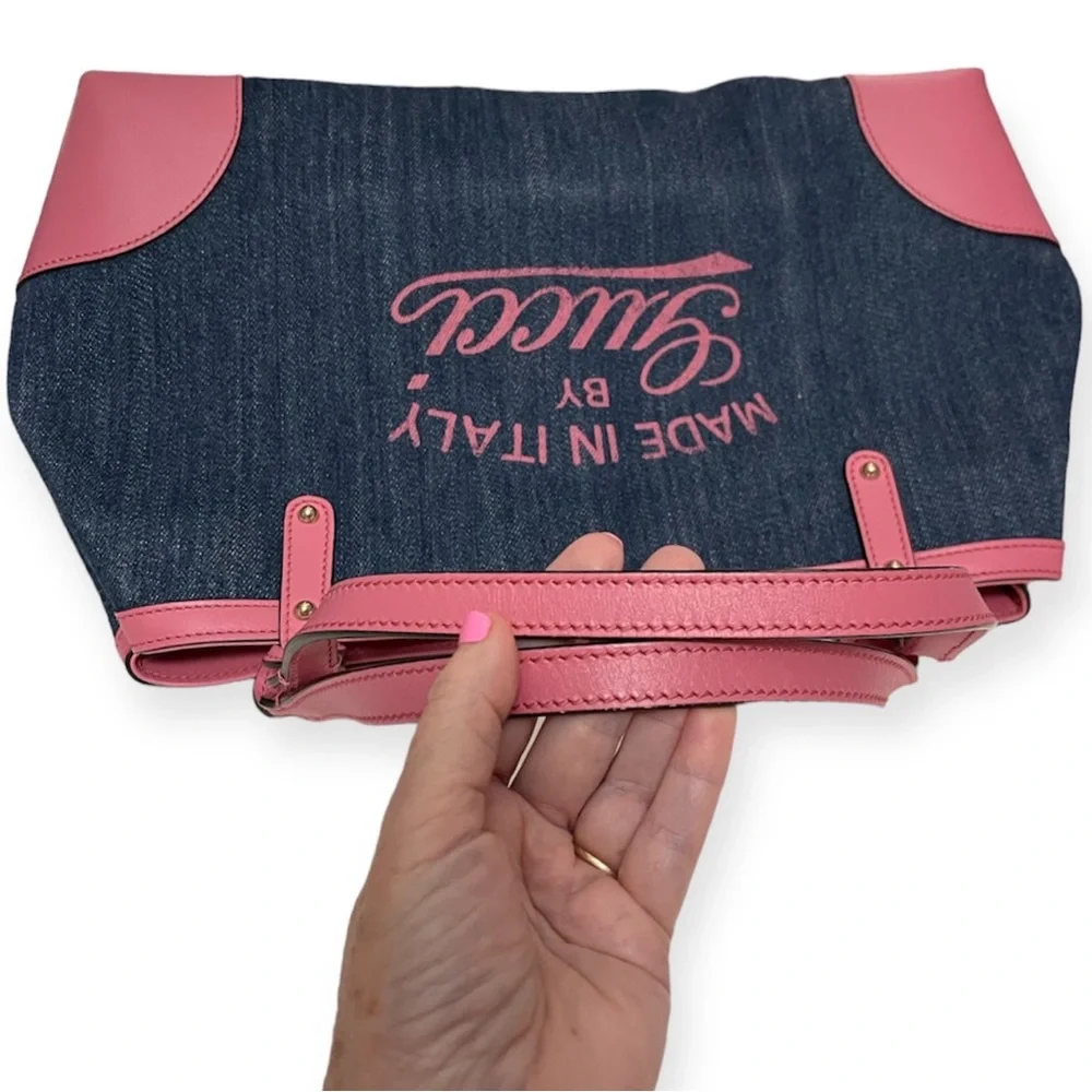 GUCCI Hawaii Tote Blue Denim Pink Leather Oversized Rare Vintage EUC